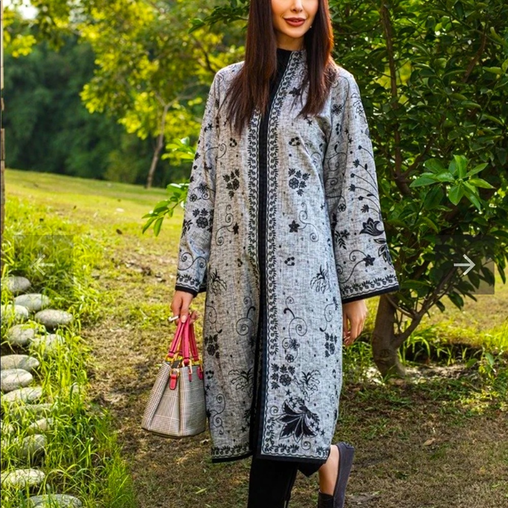 NISHAT LINEN embroidered khaddar cotton gray black long coat medium-runs large